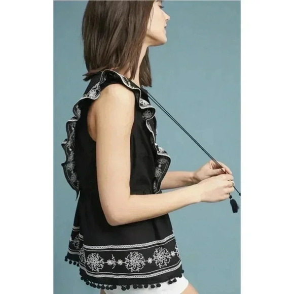 Anthropologie Akemi + Kin Adelina embroidered tasseled pom pom hem ruffle top - Picture 2 of 9